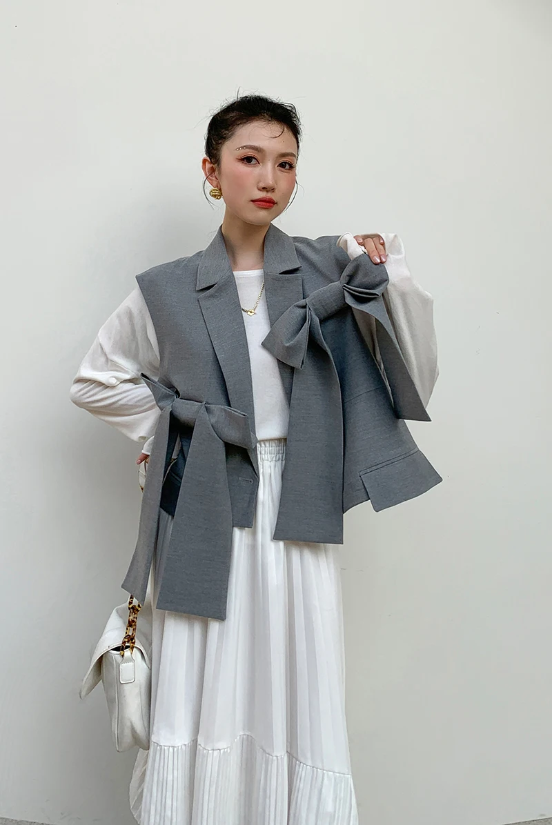 CHEERART Designer 2021 Fashion Women Gilet Grey Vest Bow Sleeveless Blazer Coat Loose Crop Jacket Single Button Waist Coat