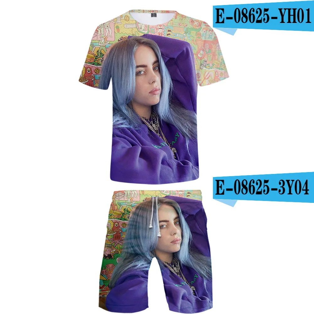 Harajuku Billie Eilish Костюм Повседневный крутой человек 2 компл. Лето Популярные хип хоп Мода High Street футболка+ короткие брюки наборы - Цвет: 3D