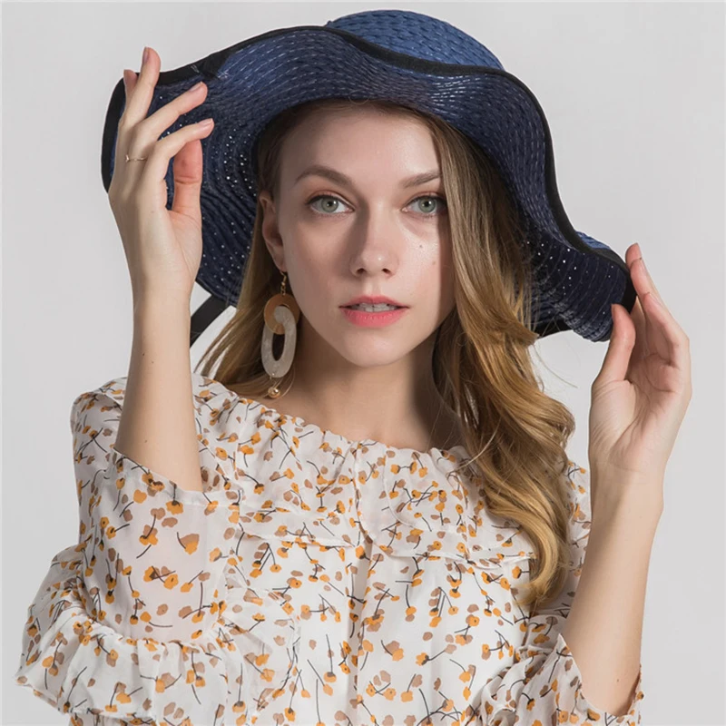 

2019 Wide Brim Boater Hat Brim Straw Hat Flat Women Summer Kentucky Derby Hat High end Straw Wide side Sun Hat Beach Cap