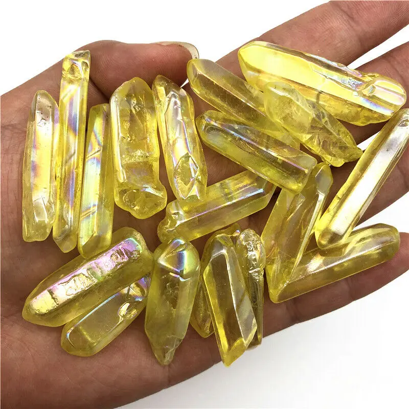 50 г Гальванизированный желтый титановый камень Aura Lemurian Crystal Wand Point Healing Stone Decor