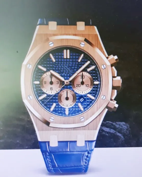 

Luxury Brand New Chronograph Men Stopwatch Sapphire Crystal Blue Leather Rose Gold Stainless Steel Sport Watches Limited AAA+