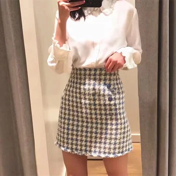 

2020 Early Spring Houndstooth Tweed Women's Mini Dress A-line Plaid Ladies Skirt Office Fashion Female Short Skirts