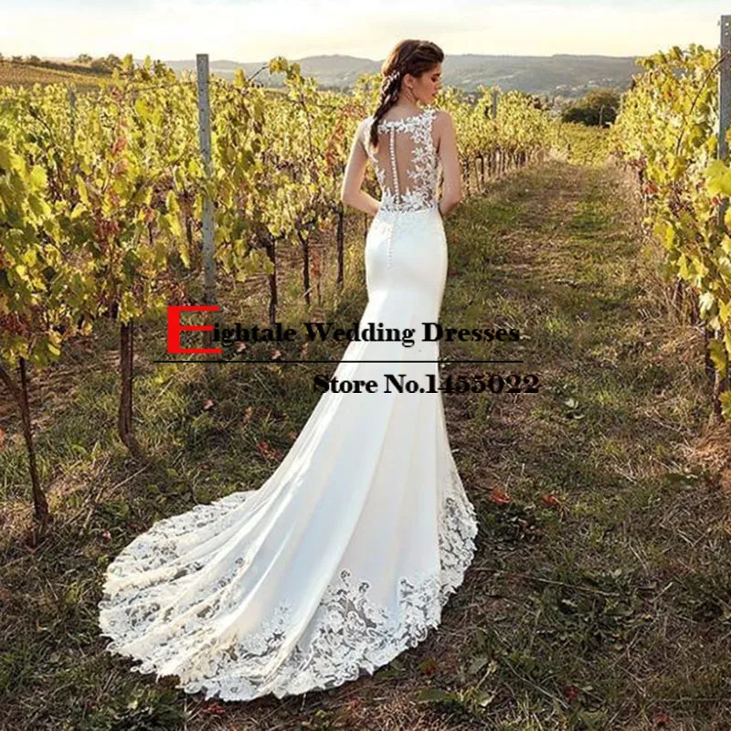 beach wedding dresses Eightale Boho Wedding Dress Mermaid 2019 Appliques Lace Chiffon Buttons V-Neck Custom Made Bohemian Wedding Gowns Bride Dresses blue wedding dress