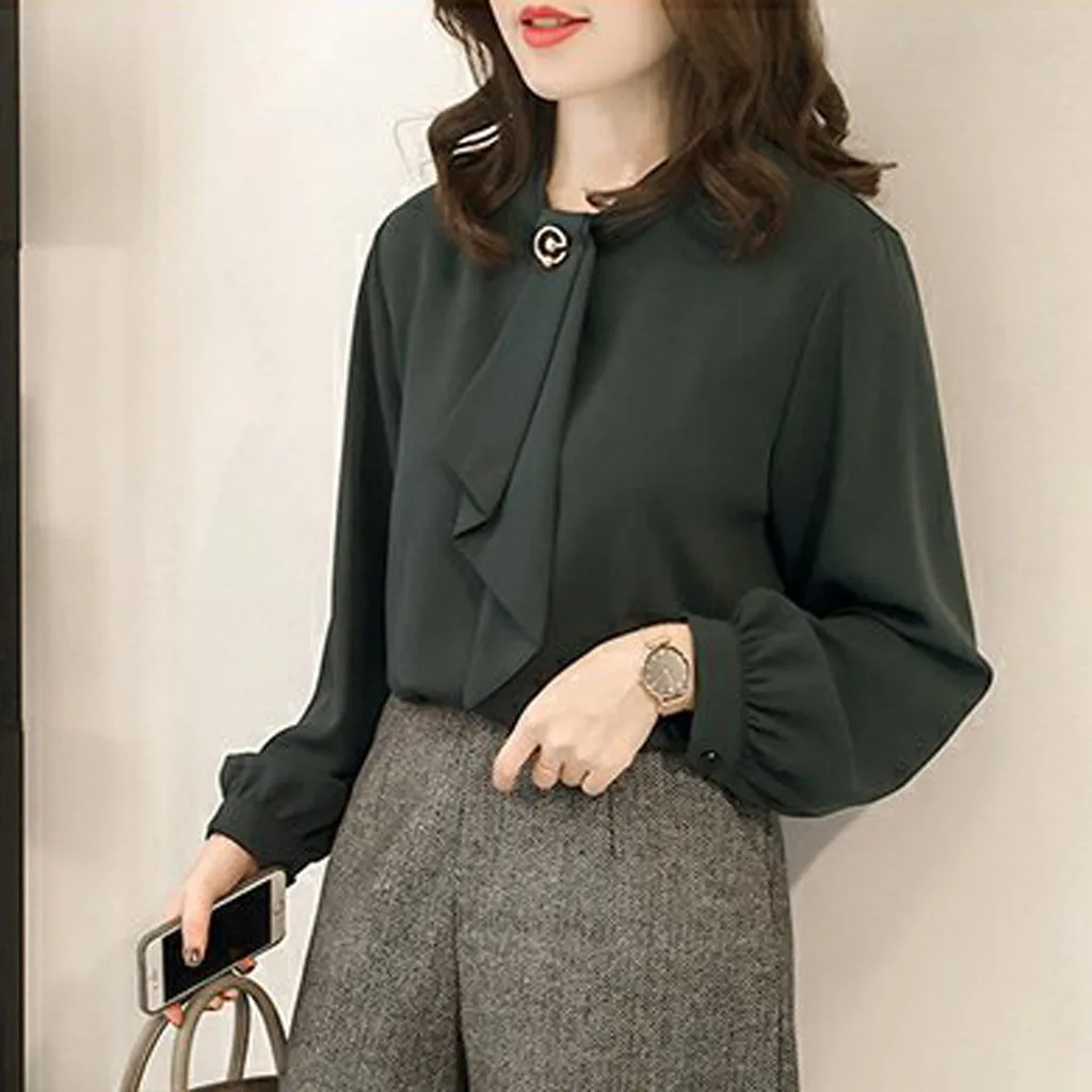 Женские офисные рубашки размера плюс, Осенние повседневные топы с длинным рукавом и круглым вырезом, шифоновые однотонные рубашки с галстуком, Blusas Mujer De Moda