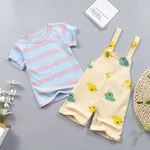 Ensemble deux pièces pour garçon et fille, t shirt rayé + pantalon à bretelles imprimé canard, haut à manches courtes, mignon, vêtements pour enfants