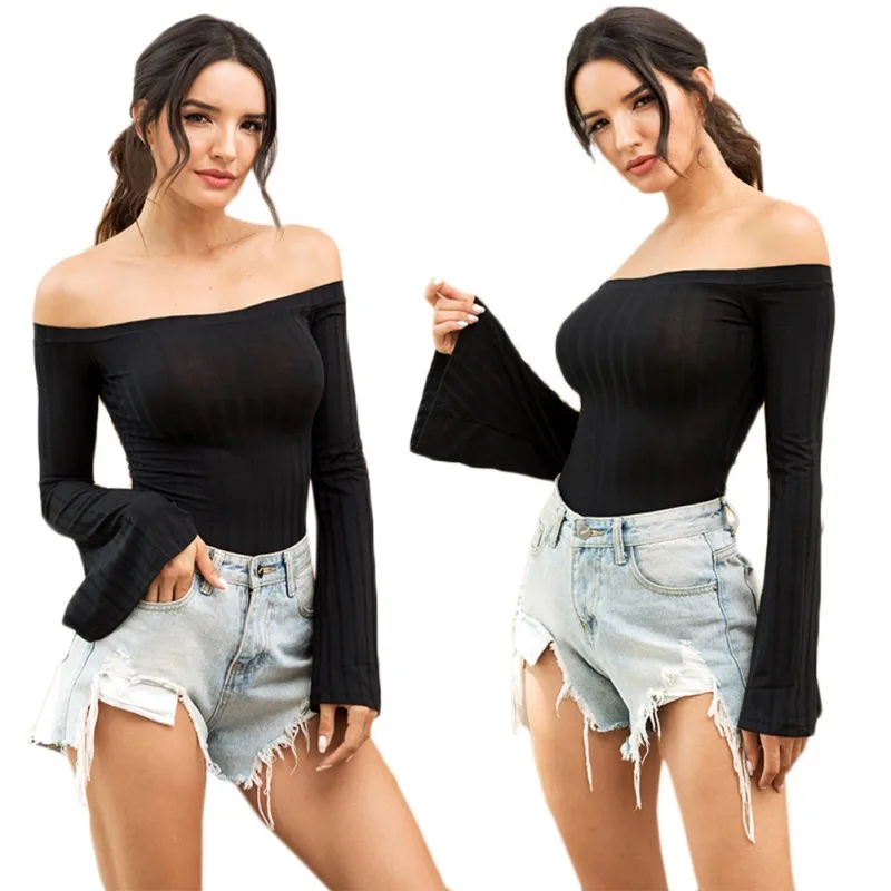 Women Sweater Sexy Wrapped Chest Trumpet Sleeves Sweater Slash Neck Knit Slim Solid Color Bottoming Sweater Women!