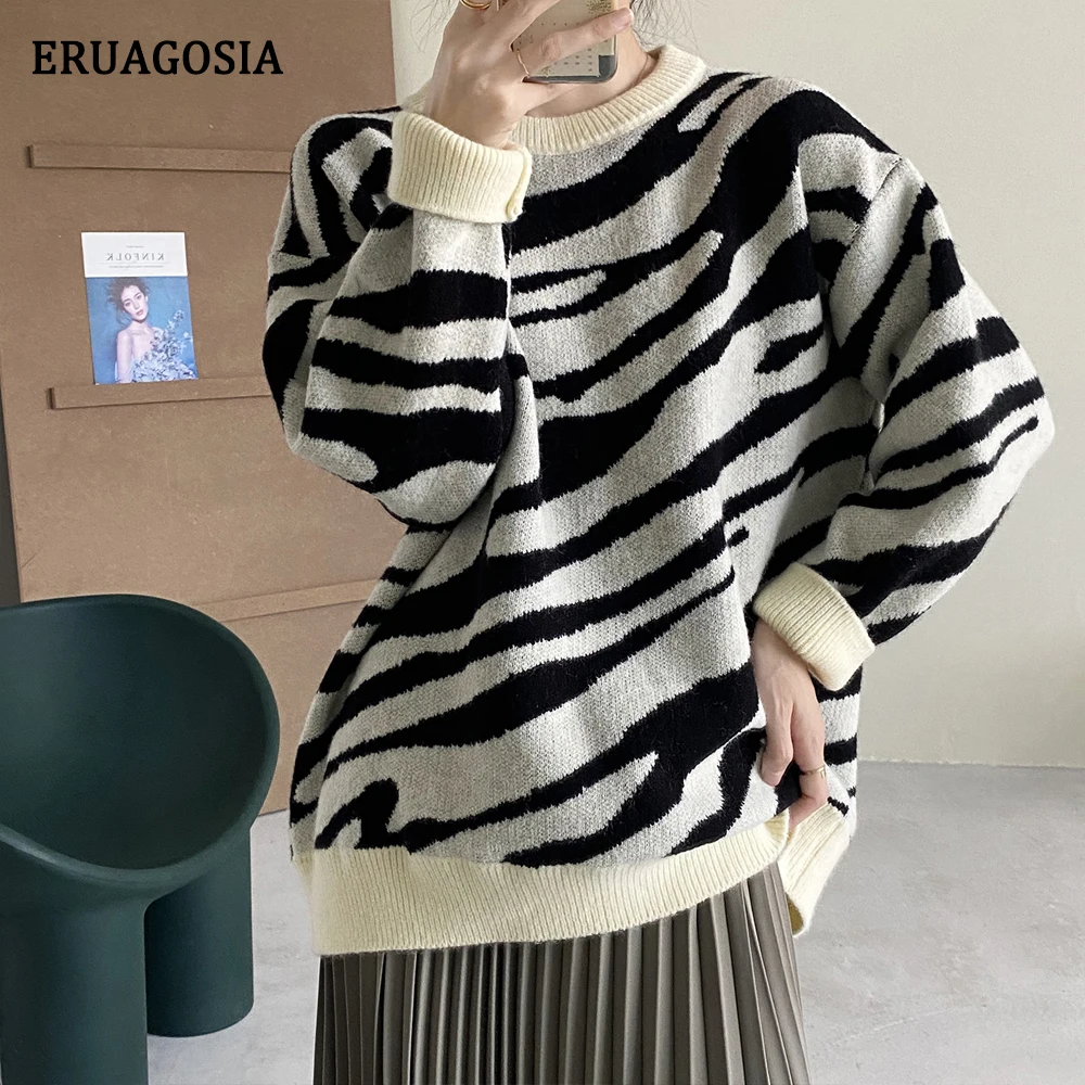 

ERUAGOSIA Autumn Winter Women Sweater Long Sleeve O Neck Jumper Female Leopard Print Sweaters Ladies Casual Pullover Loose Tops