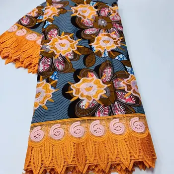 

Hot sale embroidery wax textile African real print wax print fabric with cord lace for making dress WLF267(6yards/lot)