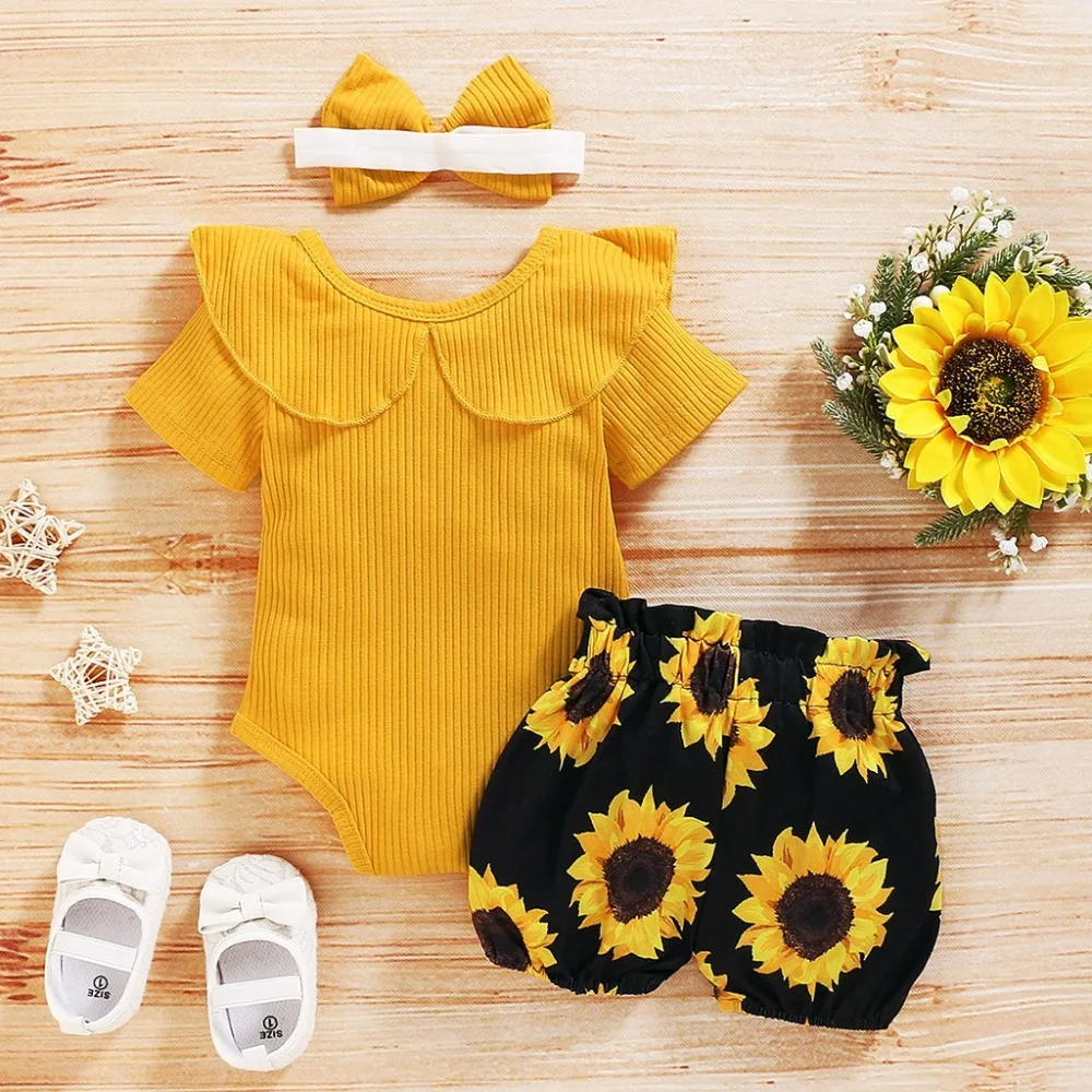 Baby Clothing Set discount 3pcs Newest Summer Toddler Infant Baby Girl Clothes Cotton Casual Outfits Set Bodysuit+ Shorts+Headband Cute Baby Clothes Baby Clothing Set luxury