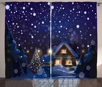 

Christmas Curtains Winter Night Country Landscape with Little House Among Pine Trees and Snow Living Room Bedroom Window Drapes