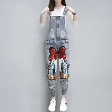 Повседневные джинсовые комбинезоны с героями мультфильмов, джинсы для женщин, джинсовый комбинезон комбинезоны, брюки, свободные женские, большие размеры, рваные джинсы, комбинезон
