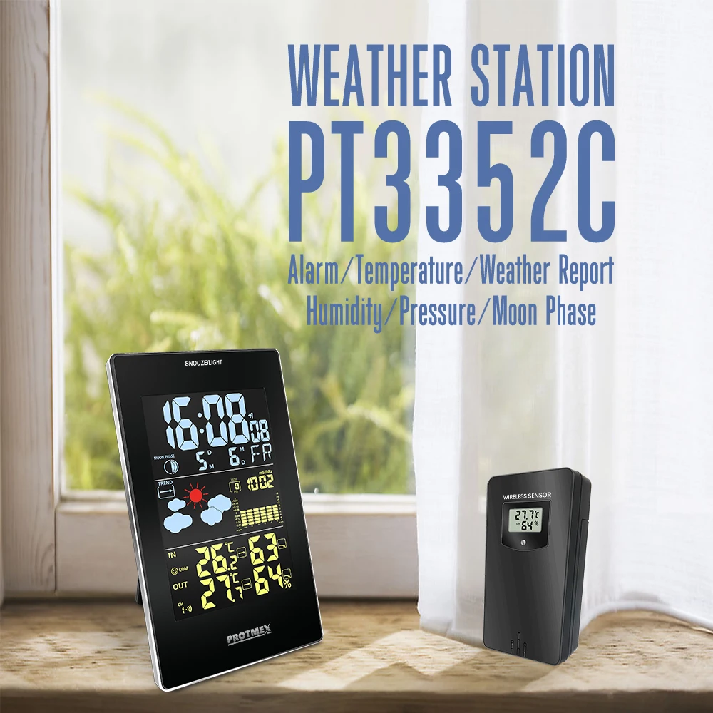 PROTMEX Wireless Weather Station PT3352C Temperature Humidity Sensor Colorful LCD Display Forecast Clock in/outdoor