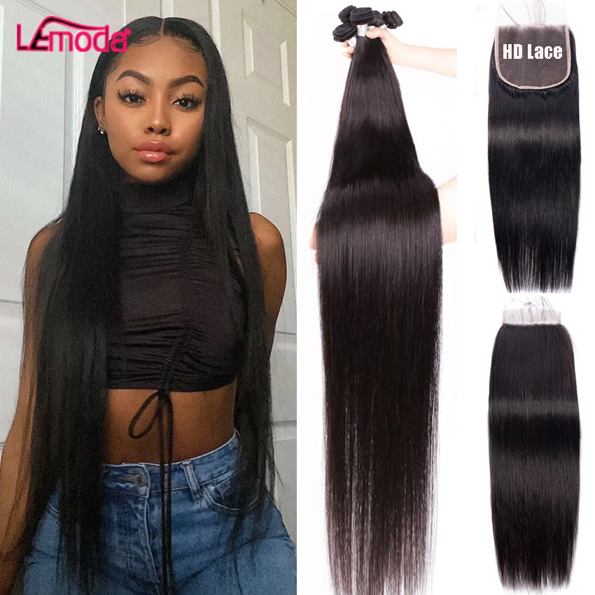 Straight Bundles With Closure 5x5 HD Transparent Lace Frontal Peruvian Lemoda Remy Hair Weave Extension | Шиньоны и парики