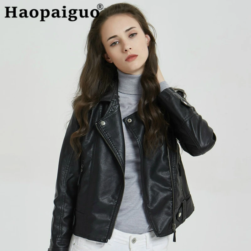 

Hot Sale Modis Winter Women Motorcycle PU Leather Jackets Female Autumn Short Epaulet Zippers Washed Coat Black Outwear Coats