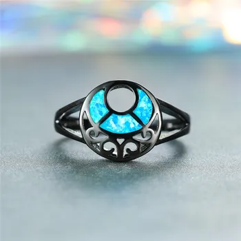 

Unique Female Small Moon Wave Ring Charm Black Gold Wedding Rings For Women Promise Blue Fire Opal Engagement Ring