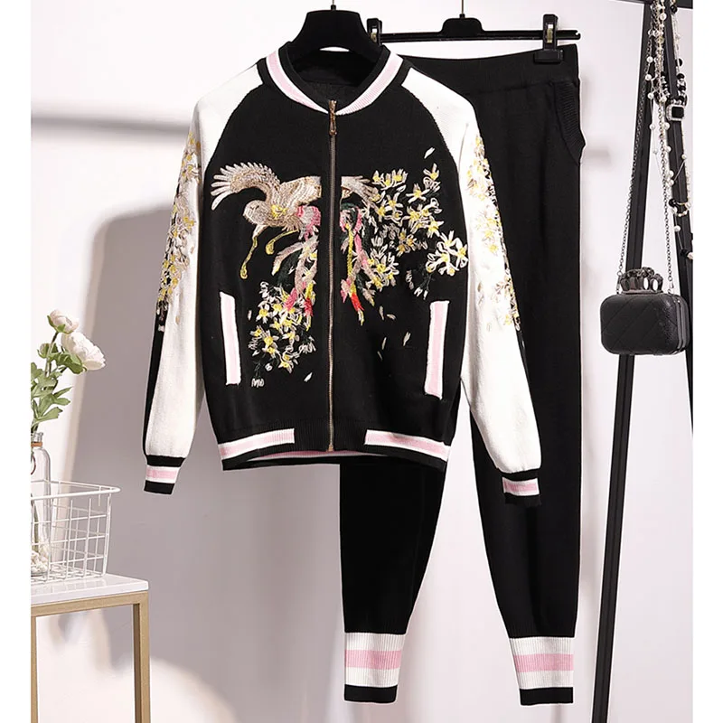 

Tracksuit Set Women Embroidery Flower Knitted Sweater Cardigan Pencil Pants Two Piece Outfits Female Loose Fashion Knit Suit 2pc