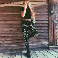 InstaHot negro gótico Punk letra impresa Legging cónico zanahoria pantalones cintura elástica mujeres algodón Jogger Casual Pantalones