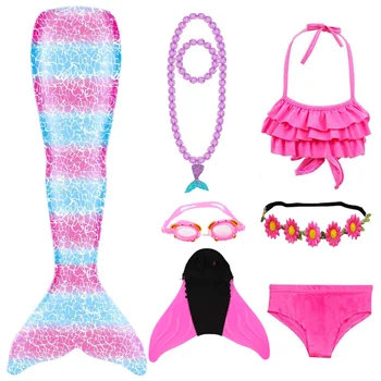 

Mermaid Tail Swimsuit Girls Mermaid Costumes for Swimming Bikini Set with Monofin Goggle Halloween Costume for Kids Summer Dress