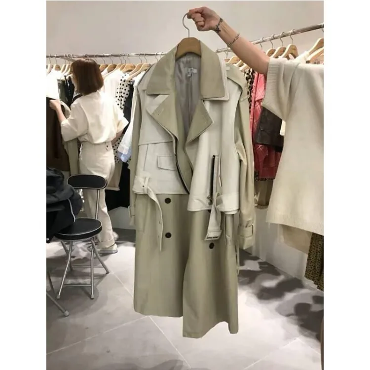 Autumn and Winter Loose Slim PU Leather Trench Coat Women Double-Breasted Mid-Length Two Pieces Splicing | Женская одежда