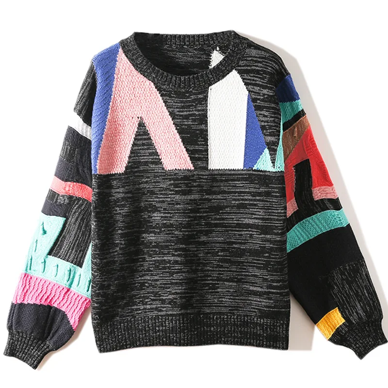 2019 winter women sweater o-neck long sleeve splice | Женская одежда