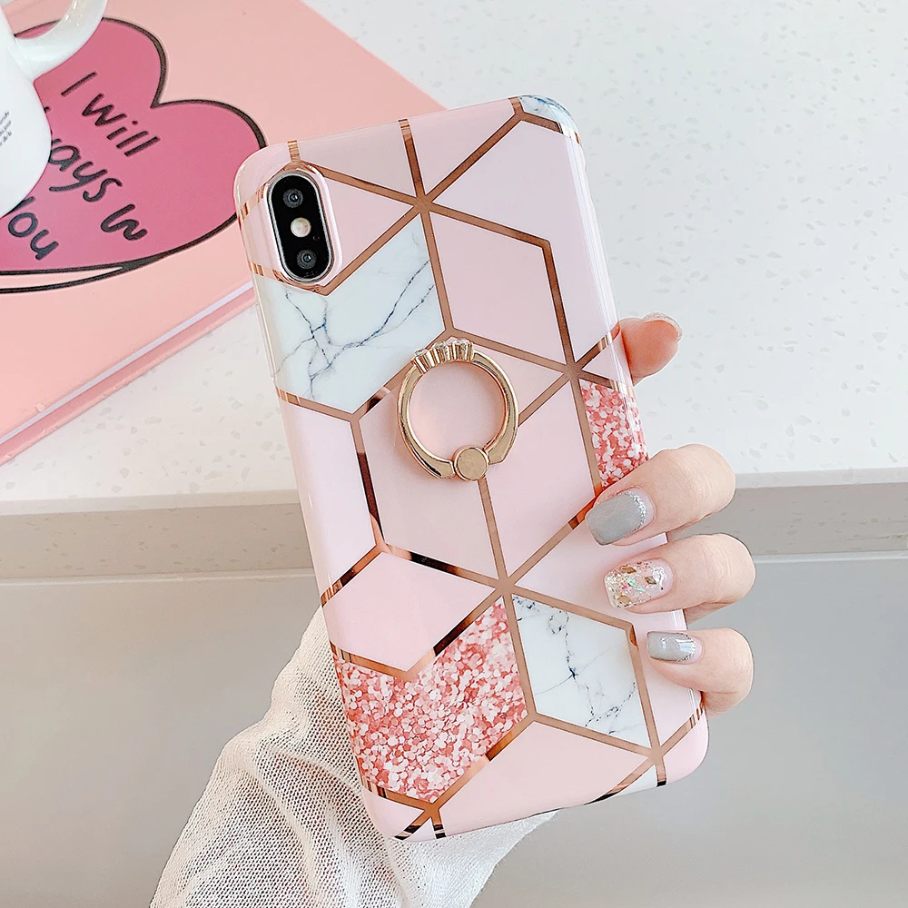 Геометрический мраморный кольцо держатель чехол для телефона для iPhone 11 Pro Max XR X XS Max 7 8 6 Plus чехол мягкий IMD Гальваническая задняя крышка телефона - Цвет: i