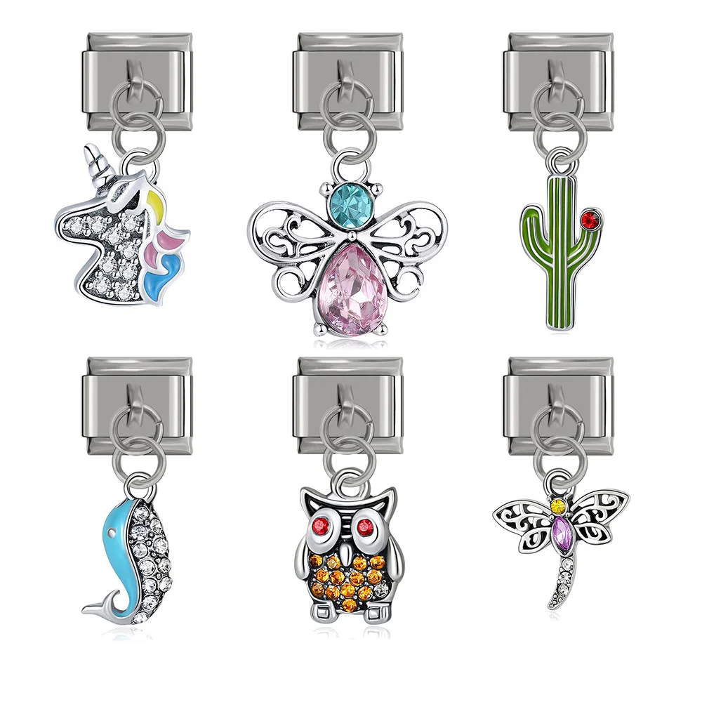 

Fyour 9mm Width Italian Charm Links Fit Original Daisy Cute Dragonfly Unicorn Owl Butterfly Stainless Steel Bracelet DJ147