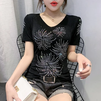 

Summer Cotton T-shirt European Clothes Women Shiny Diamonds Tops Shirt Ropa Mujer Short Sleeve Sexy Back Tees 2020 New T04706