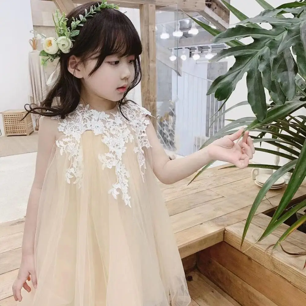 light yellow dress Летнее праздничное платье для девочек милое кружевное Сетчатое лоскутное платье принцессы для маленьких девочек одежда без рукавов с цветочным узором для От 3 до 12 лет - Цвет: light yellow dress
