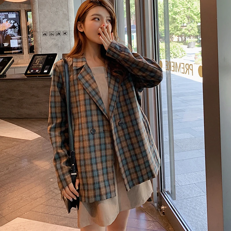 

Vintage Loose Women Plaid Blazer Double-breasted Full Sleeve Grid Female Jacket Retro Jacket Women Suits Outerwear 2019 Autumn