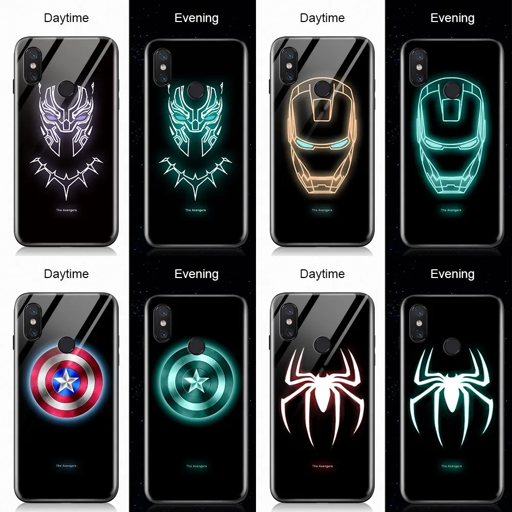 

Luminous Marvel Captain America Panther Ironman Cover For Xiaomi Note3 Note 10 CC9 Pro Glow in Dark Tempered Glass Phone Case