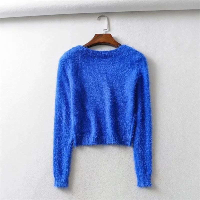 Women tight-fitting elastic high waist short furry navel long-sleeve pullover All-over Fuzzy Cropped sweater