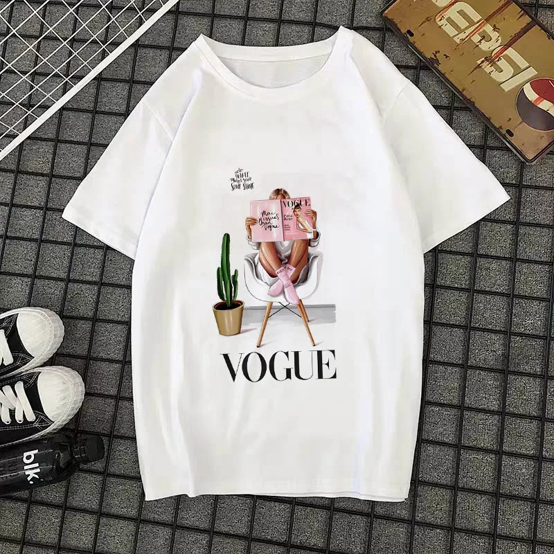 Summer New 2020 Fashion T shirt Women VOGUE letter print Harajuku Tshirt O-neck Short Sleeve T-shirt White Tops Female Clothing