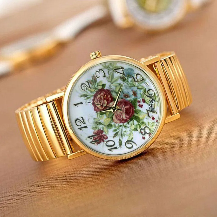 Shsby Hot Sale  High Quality Gold Elastic Stainless Watches Women Dress Quartz Wristwatch New Arrival Ladies Flower Watches 6