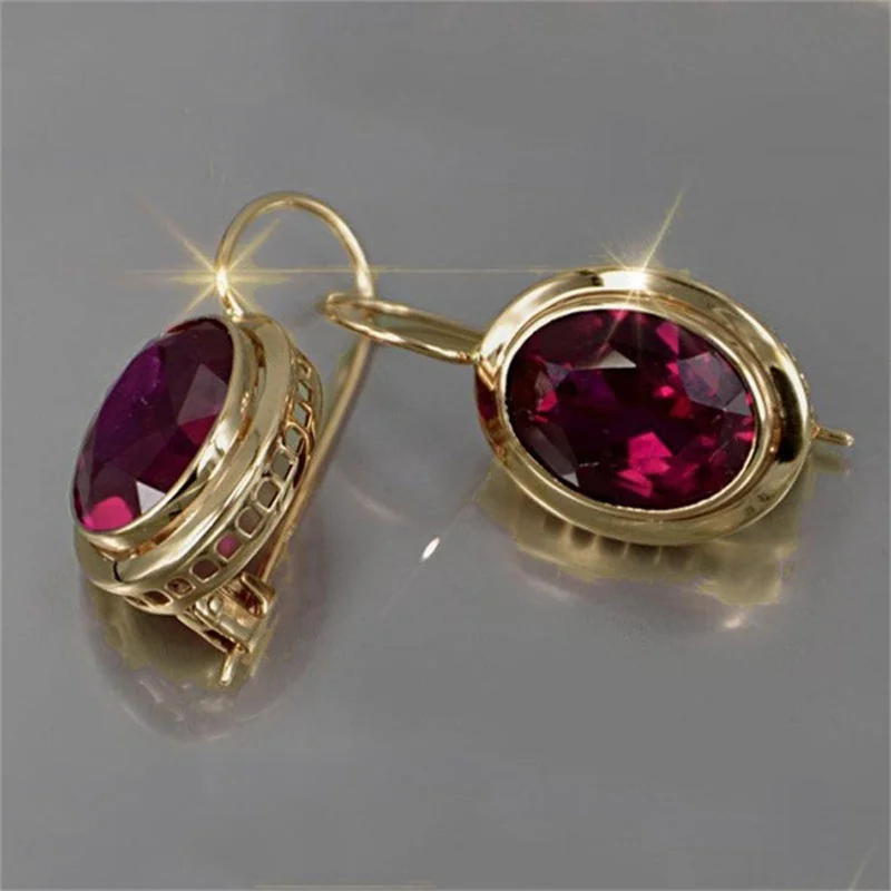 2021 New Fashion Simple Red Oval Gemstone Hollow Orecchini Lunghi Argento Ruby Ear Hook Orecchini Pendenti Gioielli Di Lusso