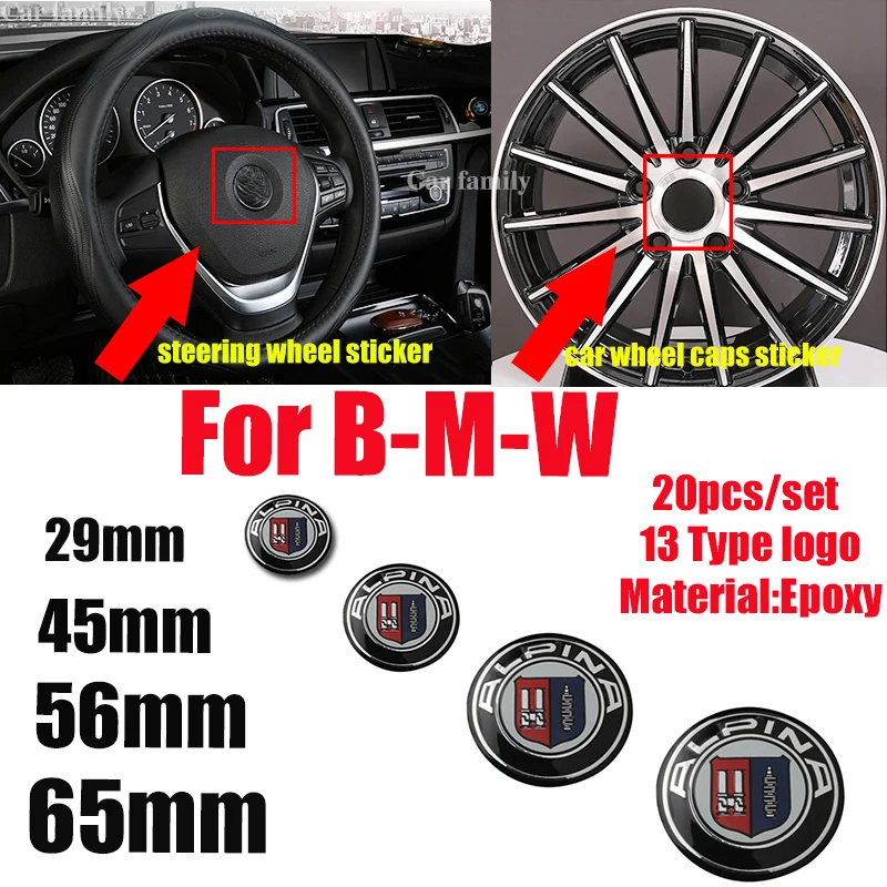 

29mm 45mm 56mm 65mm Car Logo Wheel Cap Sticker Steering Decal Cover 20pcs for BMW E60 E90 F10 F30 F15 E63 E64 E65 E86 E89 E85