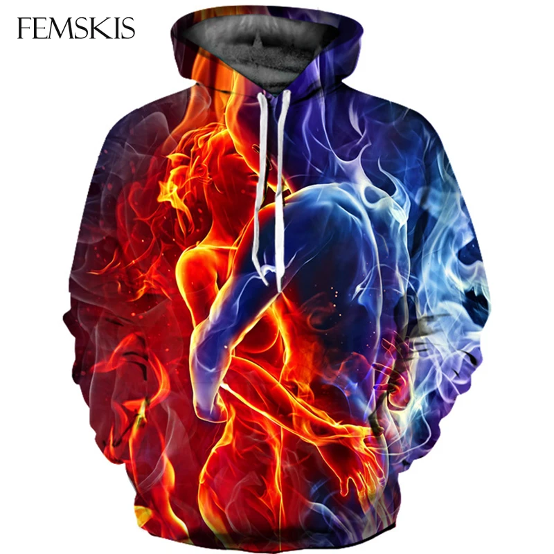 

FEMSKIS Cool Fire Couples 3D Print Hoodies Lover Hoodie Tops Plus Size Long Sleeve Sweatshirts Pullovers Newest Hip Hop Clothing