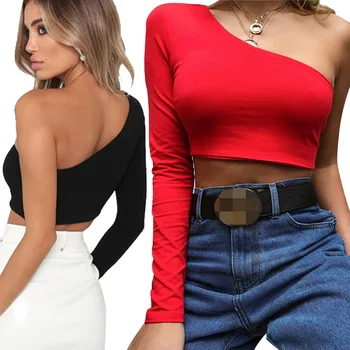 

2020 New Fashion One Shoulder Slope Neckline T Shirt Sexy Solid Long Sleeve Women's Solid White Black Crop Top Ladies T-shirt .