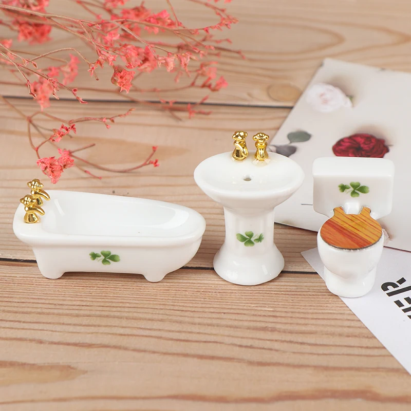 1Set(3pcs) 1/24 Dollhouse Miniature Bathroom Set Ceramic Bathtub Toilet for Dolls House Furniture Play Toy 3Styles