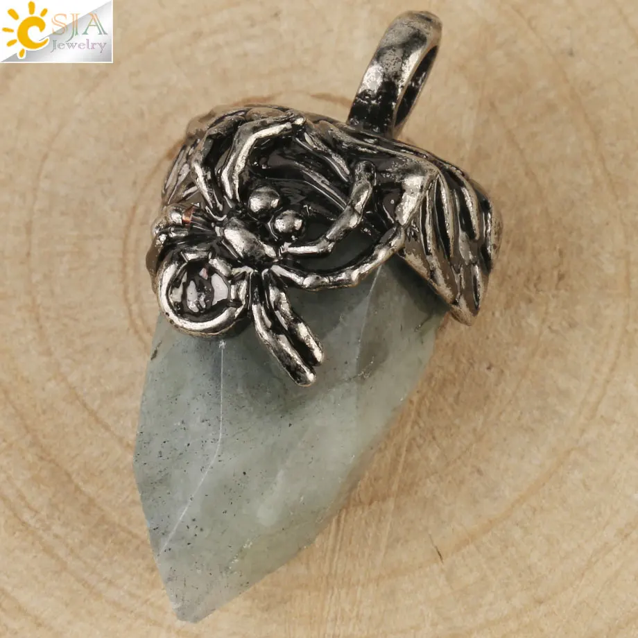 Labradorite Csja конус граненый античный серебряный цвет Медальон натуральный камень розовый кристалл Lapis паук для женщин и мужчин цепочки, Винтажные Украшения G160 - Окраска металла: Labradorite