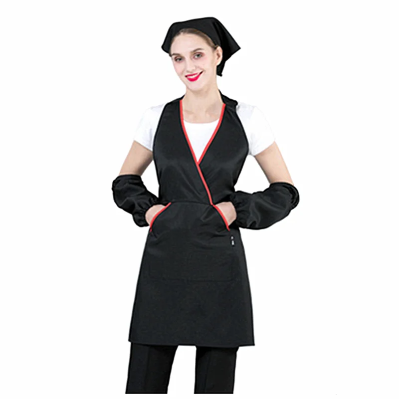 

Long V-neck Apron Unisex Washable Work Chef Apron For Men Women Kitchen Restaurant Waiter Waitress Cook with Hat Cap and sleeves