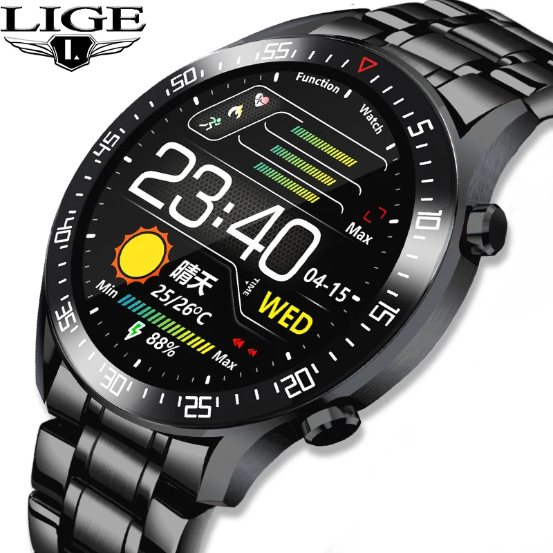

LIGE New Fitness Smatch Watch Blood Pressure Heart Rate Monitoring Activity Tracker IP68 Waterproof Smart Watch Men Steel Belt