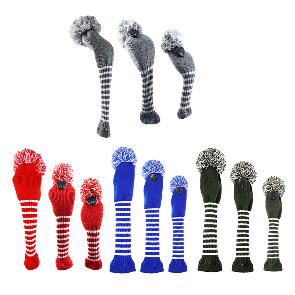3pcs Golf Club Knit Headcover Set Pom Pom Sock Covers 1 3 UT Head Covers Set