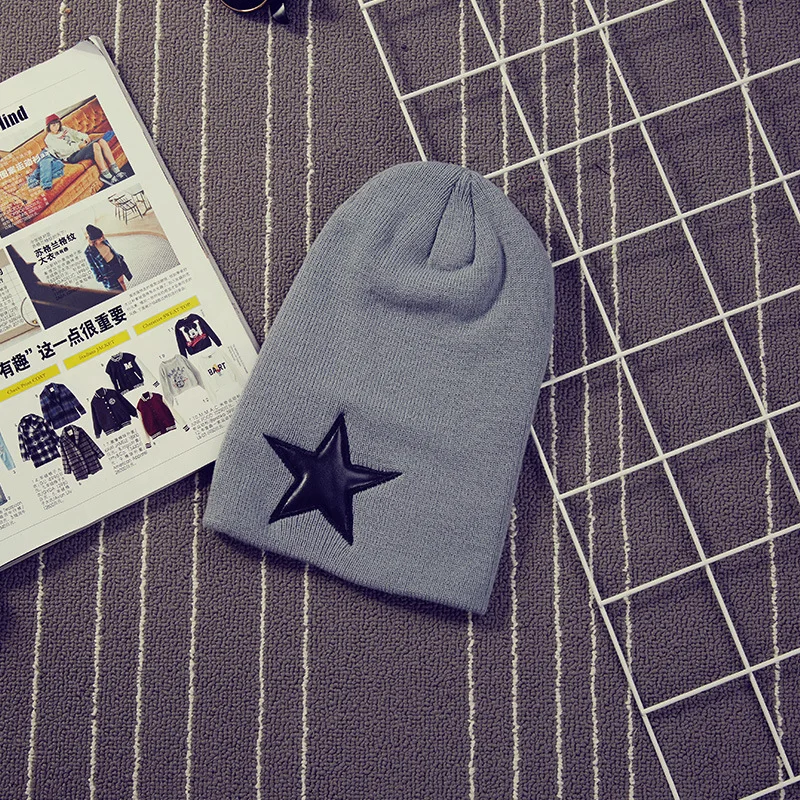 Новые мужские пятизвездочные вязанные шапочки Skullies Bea Женская шерстяная шапка "хип-хоп" Кепка сохраняющая тепло дешевая однотонная хижина горра - Цвет: Light Gray
