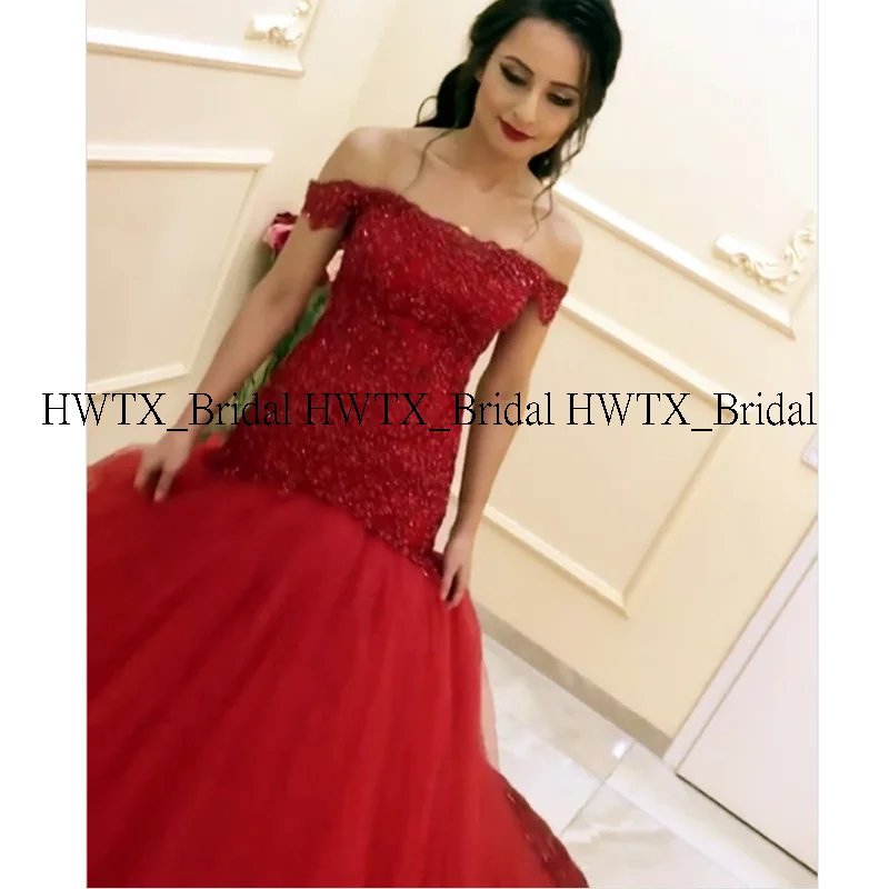 HWTX_Bridal, красное сексуальное вечернее платье русалки,, вырез лодочкой, тяжелое вышитое бисером кружевное Тюлевое длинное платье для выпускного вечера, Vestidos de fiesta de noche