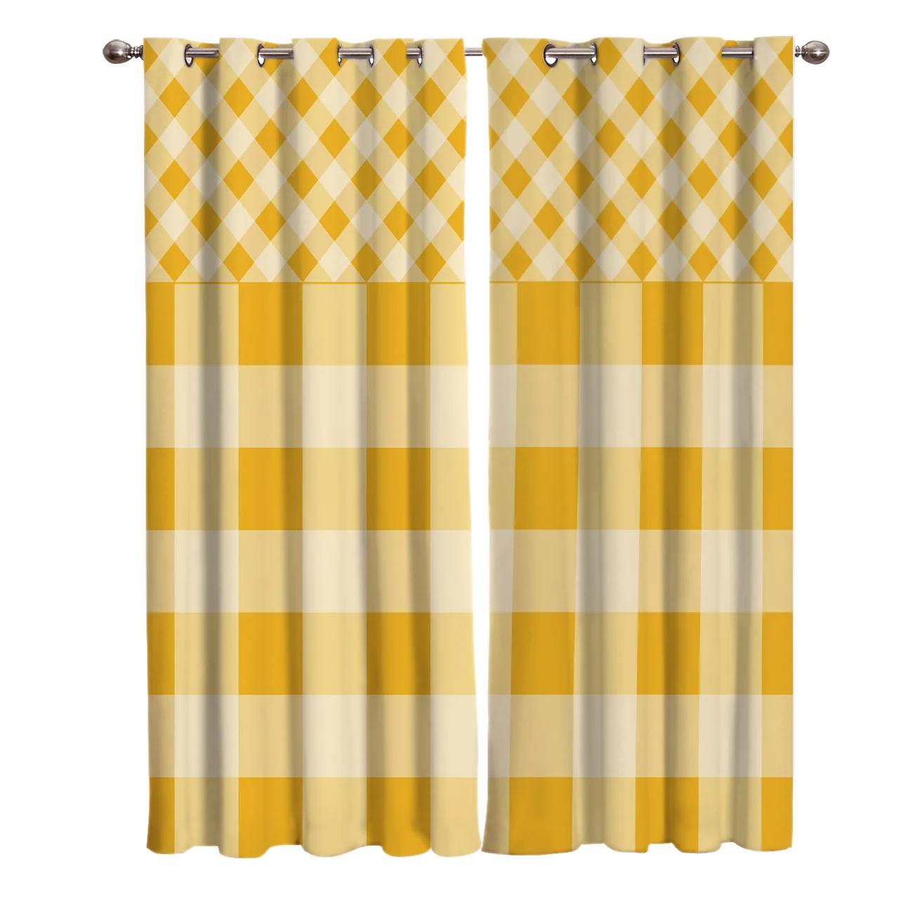 Yellow Check Stripe Square Stitching Room Curtains Large Window