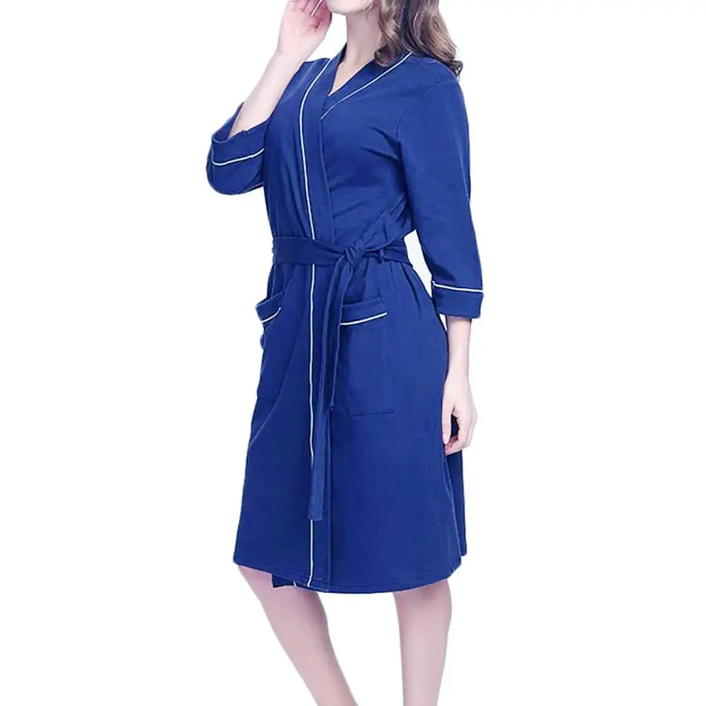 

Women Solid Color Cotton Nightgown Bathrobe With Belt Fashion Long Sleeve Nightwear Robe Batas Para Dormir Mujer 2019 Hot Sale Y