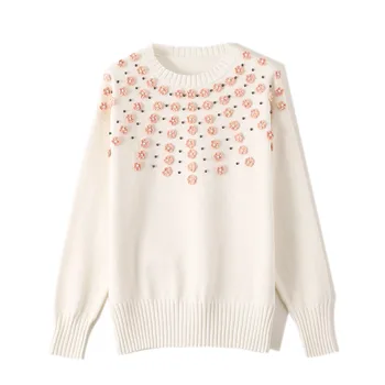 

Handmade Flowers Pullover Outerwear Women Clothing Beaded O-neck Autumn Spring Heavy Industry Knitted Sweater Tops TA2144