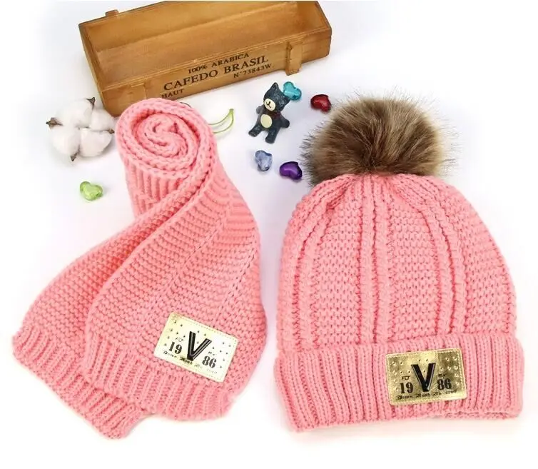 Детские шапки и шарфы для девочек и мальчиков; хороший подарок; зимняя шапка для детей; теплый комплект с флисовой подкладкой; Рождественский подарок - Цвет: Pink