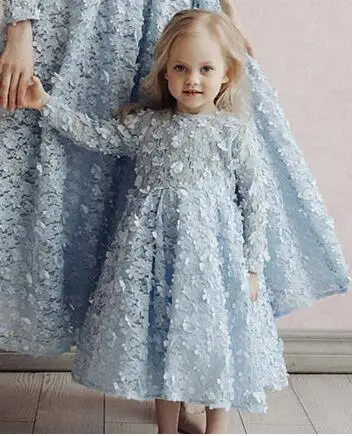 Daughter Dress Светло-Небесно-голубое кружево с длинными рукавами Вечерние платья в арабском стиле для мамы и дочки платье до середины икры Дубай официальное вечернее платье - Цвет: Daughter Dress