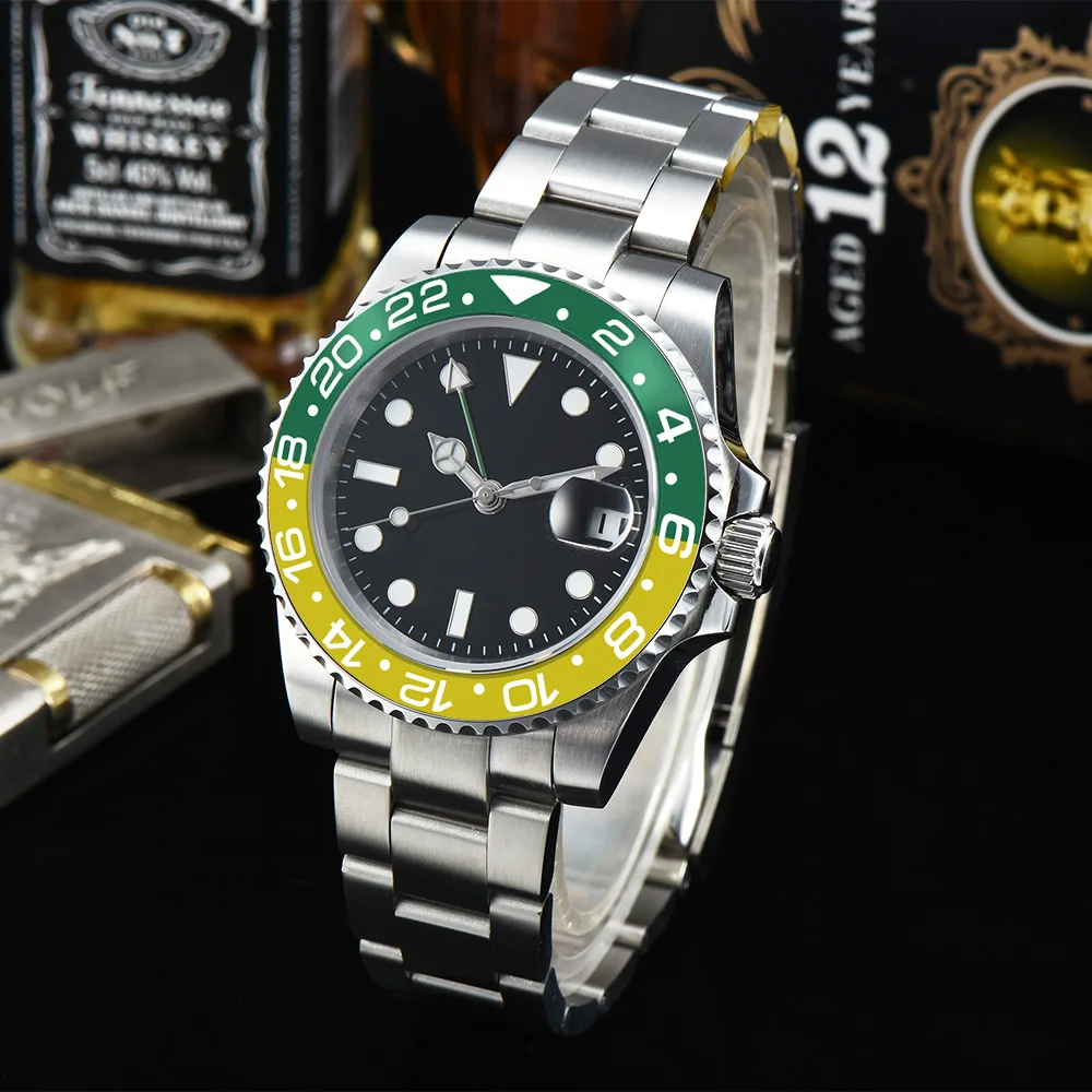 Часы автоматические GMT черный стерильный циферблат Мужские сапфировые хрустальные светящиеся руки стальной корпус 40 мм роскошные механические часы с датой A10